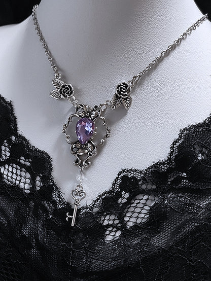 Purple Rhinestone and Key Pendant Gothic Silver Rosettes Necklace