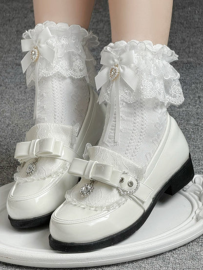 Rhinestone Heart Details & Bow Accent PU Polished White Low-heel Loafers in Jirai Kei