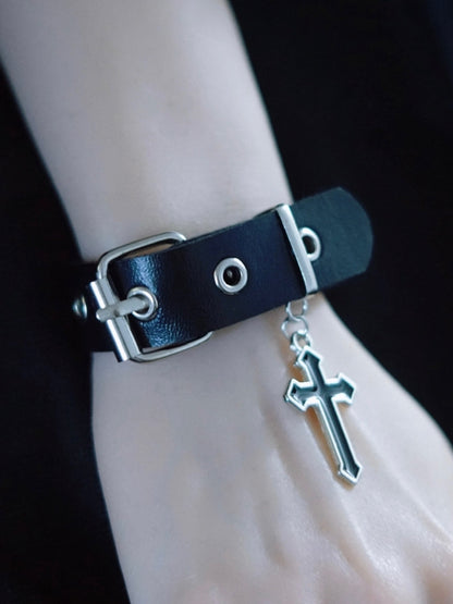 Black Gothic Cross Charm Buckle Bracelet