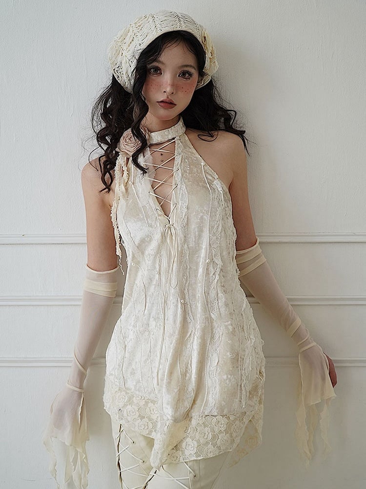 Lace-up Detail Beige Flower Halter Neck Backless Top + Sleeves Set