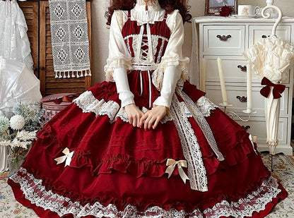 Red Adjustable Straps Pink House Style Dress Ruffle Skirt Lolita Jumper Skirt