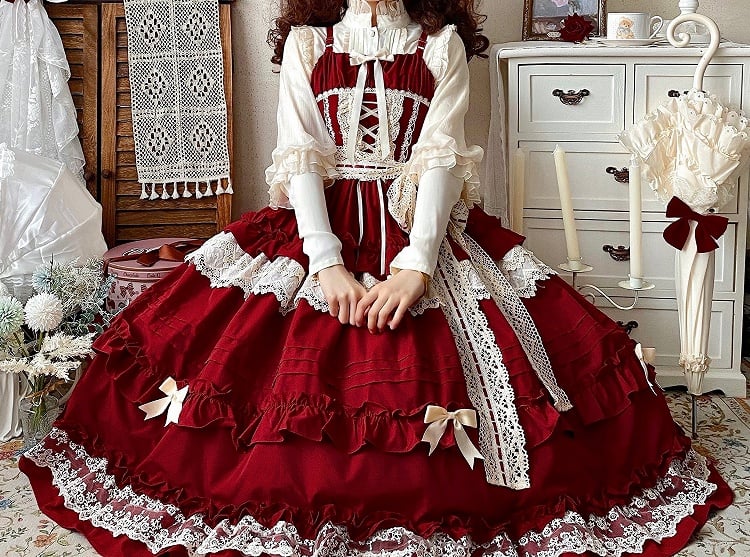 Red Adjustable Straps Pink House Style Dress Ruffle Skirt Lolita Jumper Skirt