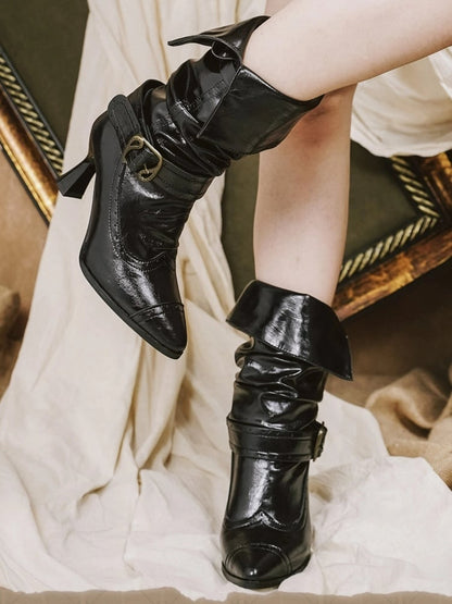 Black Classic Lolita Pointed Toe Boots - PU High Heel with Convertible Cuff & Vintage Inspired Fasteners