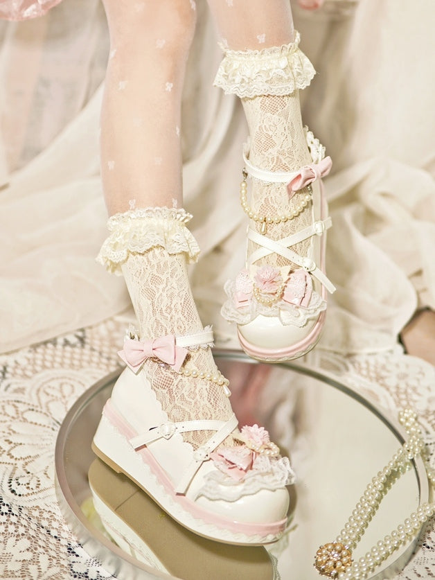 White Floral Design Bow at Top Lace Trim Heart Buckle Platforms With Detachable Beaded Chain
