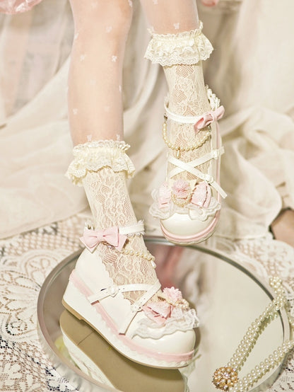 White Floral Design Bow at Top Lace Trim Heart Buckle Platforms With Detachable Beaded Chain