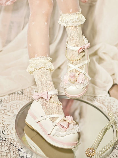 White Floral Design Bow at Top Lace Trim Heart Buckle Platforms With Detachable Beaded Chain
