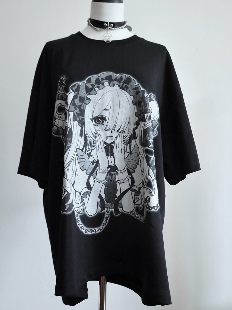 Black&White Jirai Kei Cartoon Girl Print Round Neck T-shirt