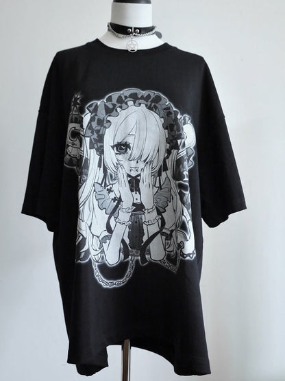 Black&White Jirai Kei Cartoon Girl Print Round Neck T-shirt