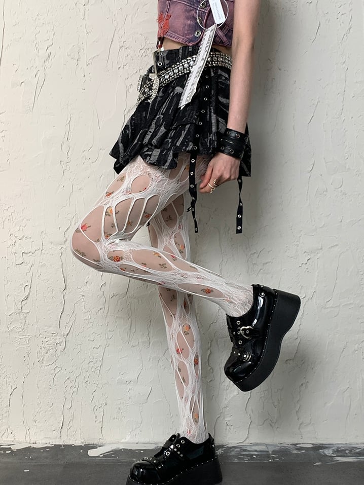 White Y2K Floral Pattern Tights