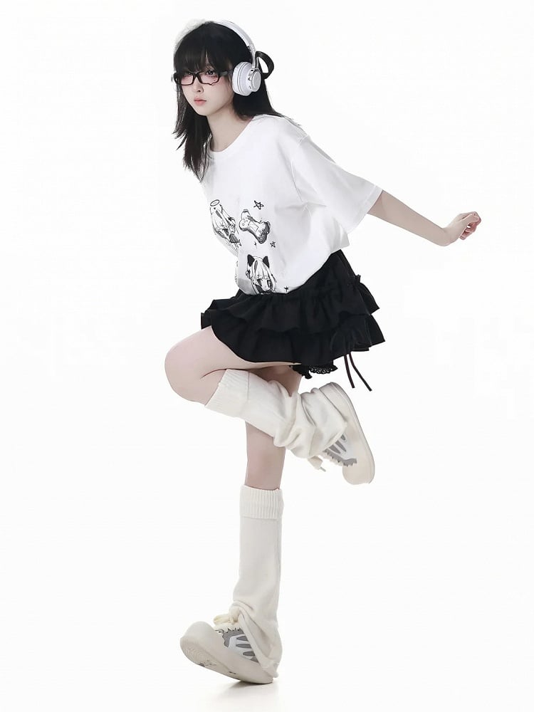 Anime Girl Print White/Dark Gray Round Neck Cotton T-shirt