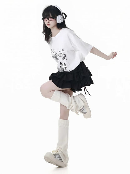 Anime Girl Print White/Dark Gray Round Neck Cotton T-shirt