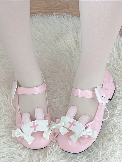 PU Pink Sweet Lolita Mary Janes - Medical Bunny Theme with Bow Accents & Velcro Strap Closures