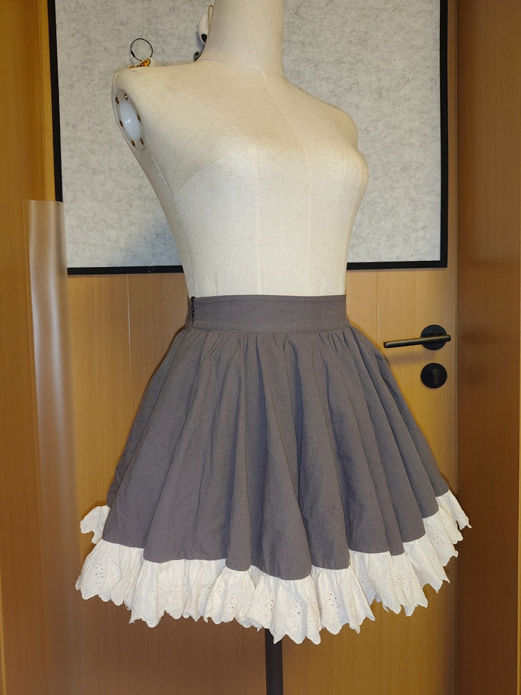 Dark Gray Lolita Skirt with Beige Scalloped Eyelet Hem and Side Pocket