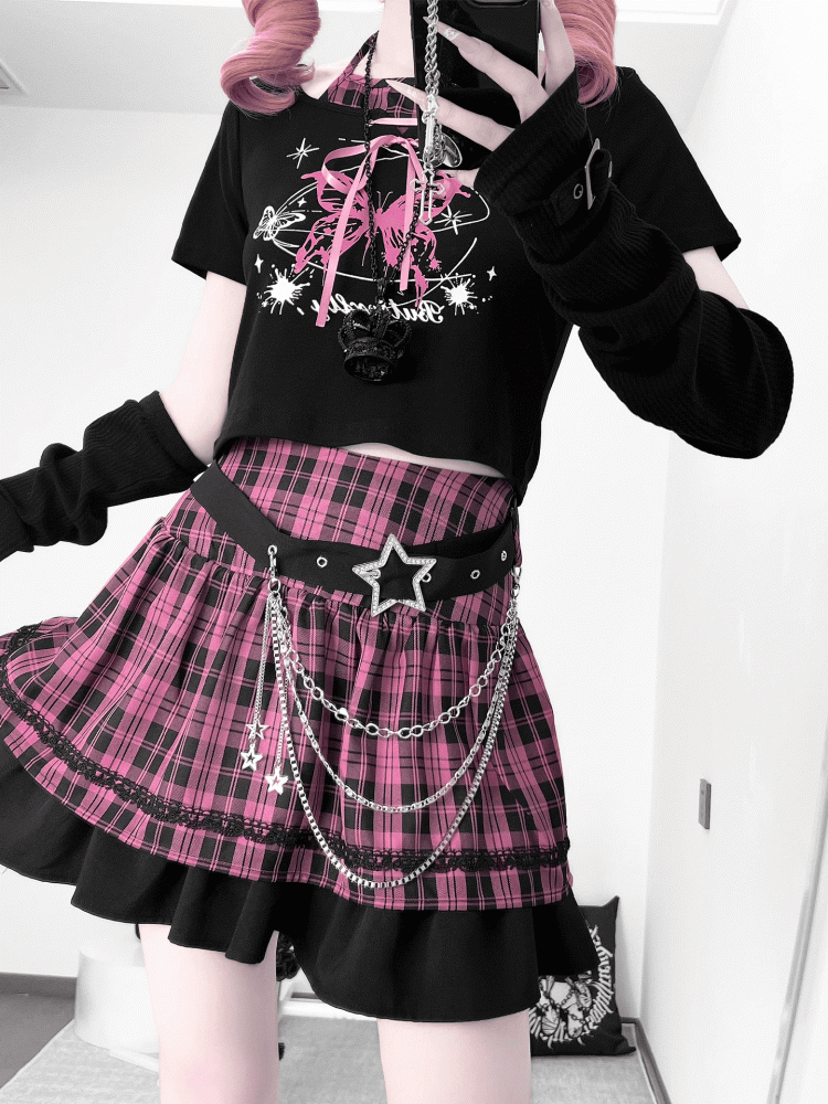 Black and Pink Punk Rock Idol Set- Butterfly Print Halter Top+ Plaid Skirt+ Buckle Belt+ Waist Chain