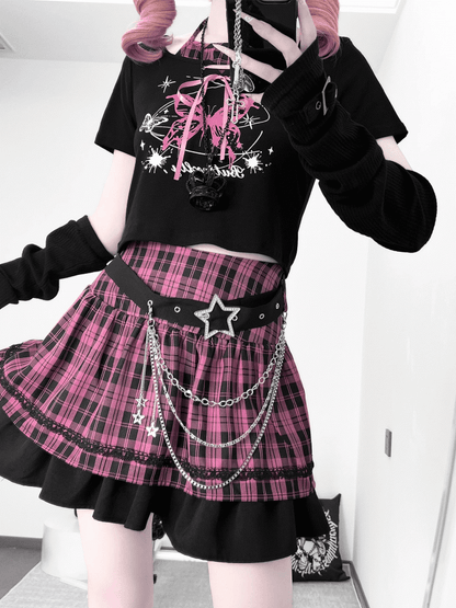 Black and Pink Punk Rock Idol Set- Butterfly Print Halter Top+ Plaid Skirt+ Buckle Belt+ Waist Chain