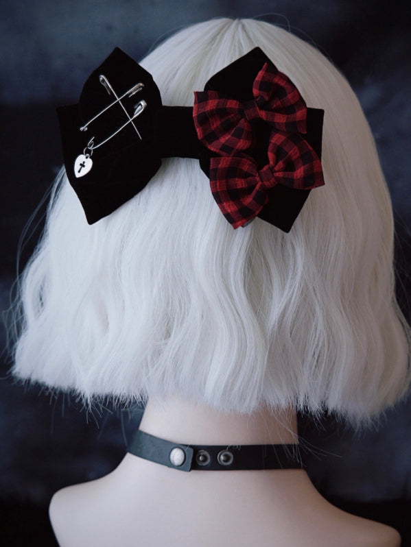 Black Bowknot With Double Red Plaid Pattern Bowknots And Pins Details Clip