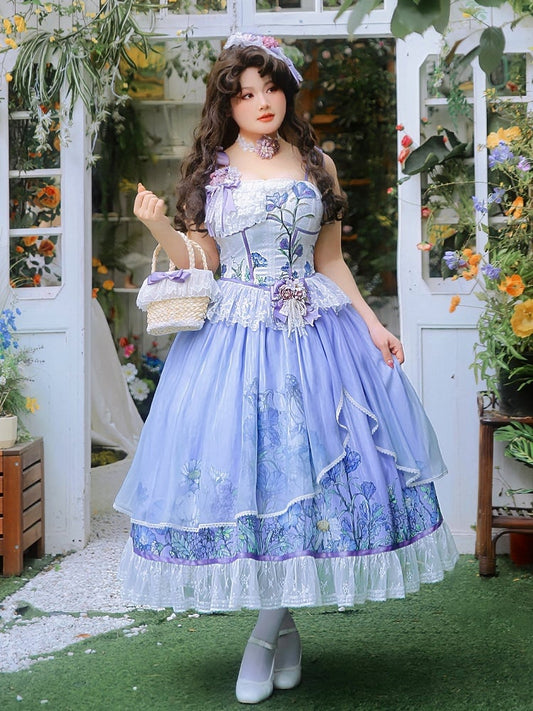 Plus Sizes Available Floral Print Bowknot Straps Dress Elegant Classic Lolita Jumper Skirt