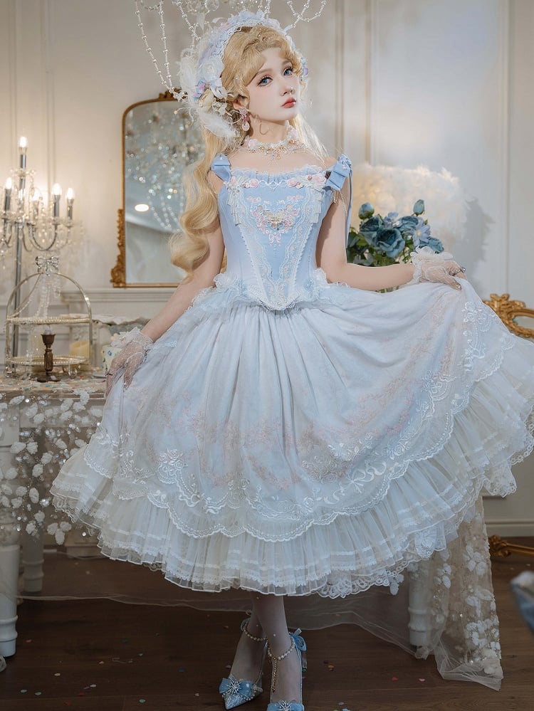 Blue Floral Embroidery Princess Corset Top + Skirt Hanayome Full Set
