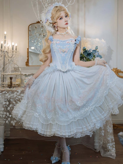 Blue Floral Embroidery Princess Corset Top + Skirt Hanayome Full Set
