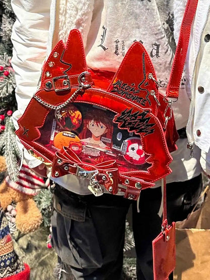 Bold Red Punk Cat Polished PU Tote Ita Bag with Free Card Holder