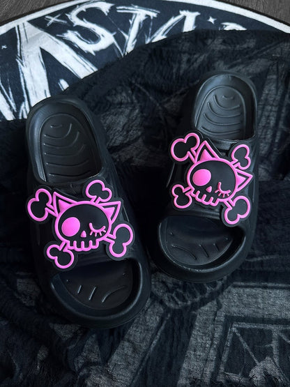 Black and Pink Gothic Skeleton Applique Thick Summer Slippers
