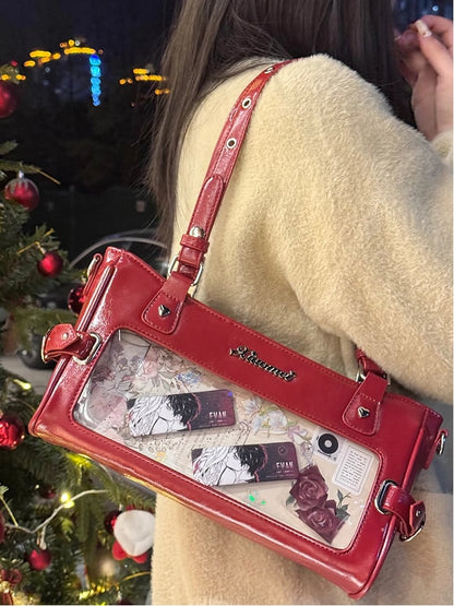 Red Versatile Transparent-Window PU Leather Ita Bag