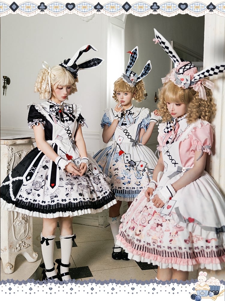 Alice in Wonderland Vibes Pink Bunny and Teapot Print Apron Dress Sweet Lolita OP / Full Set