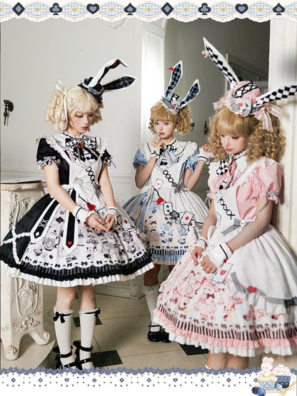 Alice in Wonderland Vibes Pink Bunny and Teapot Print Apron Dress Sweet Lolita OP / Full Set
