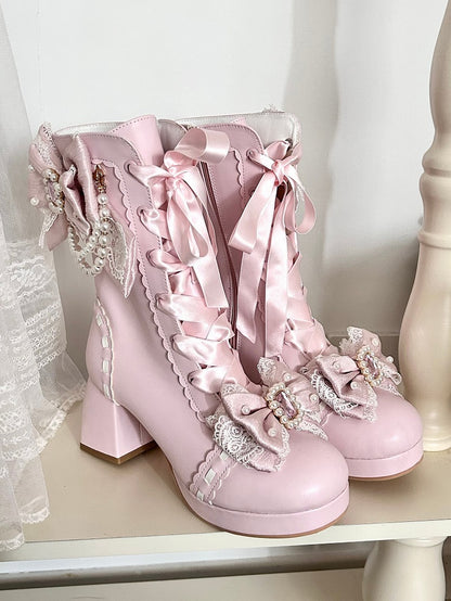 PU Pink Sweet Lolita Mid-Calf Boots - Crystal & Bead Decor Bow with Lace-Up & Inner Zip