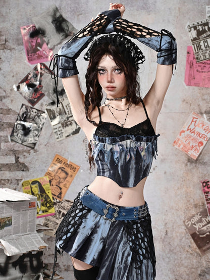 Grunge Punk Rock Fairy Style Blue Lace Cowl Neckline Boned Corset Tie Dye Cami Top