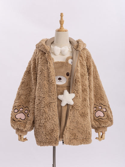 Brown Fluffy Teddy Bear Jacket with Ears Hood for Girls/Women