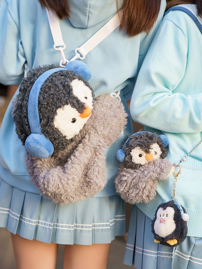 Gray Cute Penguin Plush Backpack/Crossbody Bag + Keychain