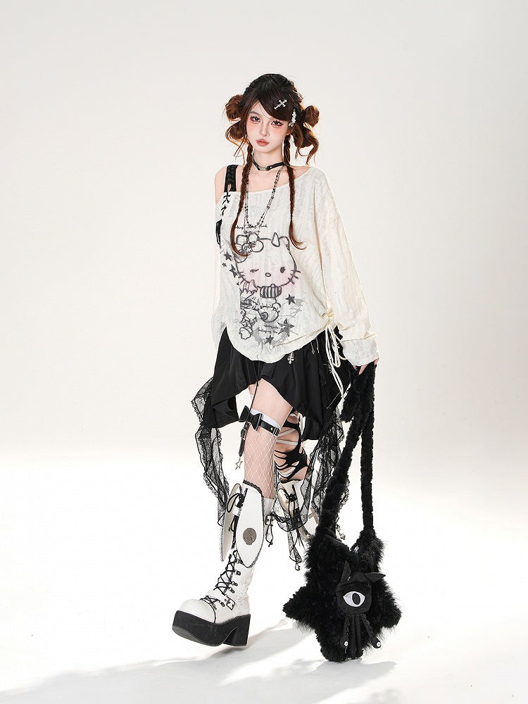 Black Lace-up Detail Cascading Lace Ruffles Skirt