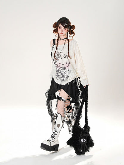 Black Lace-up Detail Cascading Lace Ruffles Skirt