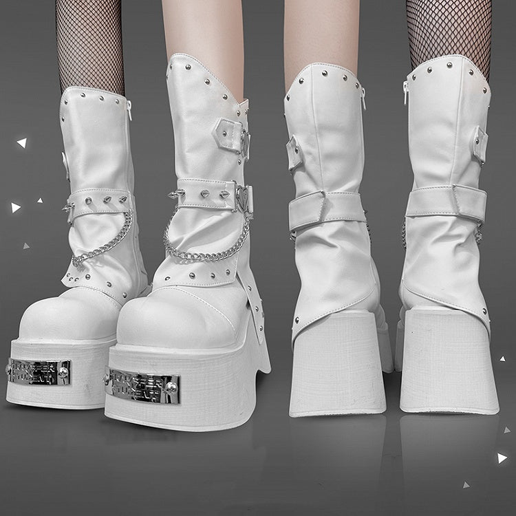 Punk Silver-tone Studs White Goth Platform Boots