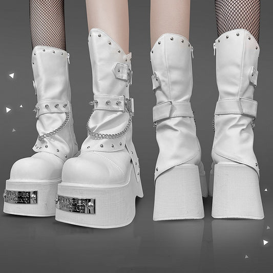 Punk Silver-tone Studs White Goth Platform Boots