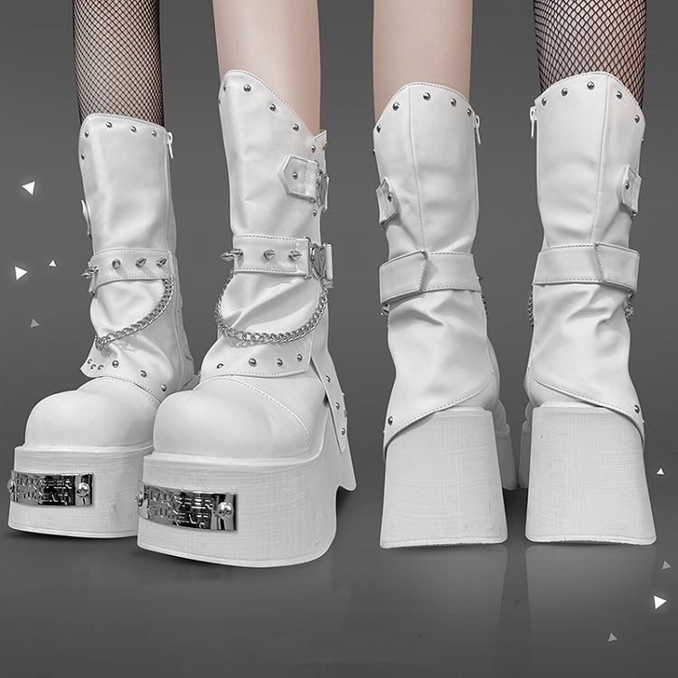 Punk Silver-tone Studs White Goth Platform Boots