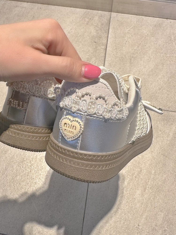 Beads and Rhinestones Detail Silver Butterfly Decorated Sneakers