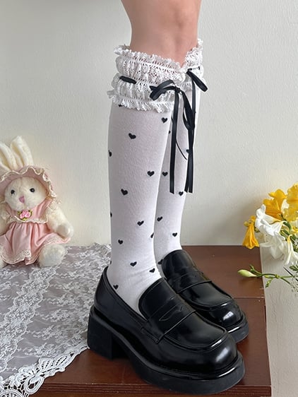 Black Heart Pattern Lace Trim White Lolita Under-Knee Stockings