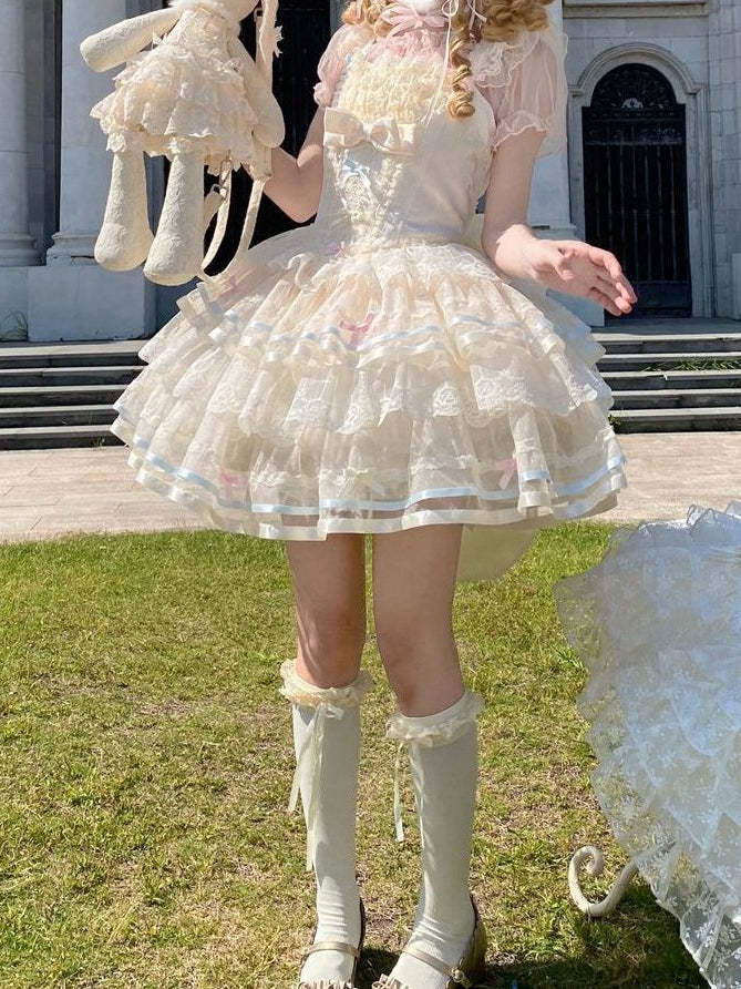 Apricot Corset Waist Layered Tulle Skirt Princess Lolita JSK with Big Bow at Back