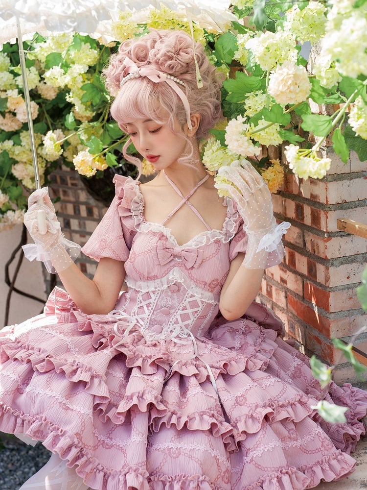 Clearance - Size M for Bust 86-96CM Pink Princess Corset Waist Dress Ruffle Skirt Lolita OP with Big Bow at Back