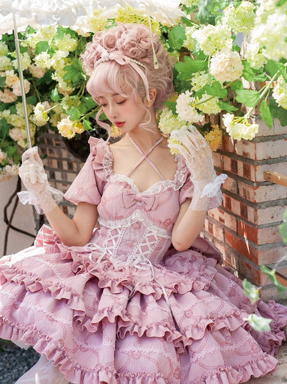 Clearance - Size M for Bust 86-96CM Pink Princess Corset Waist Dress Ruffle Skirt Lolita OP with Big Bow at Back