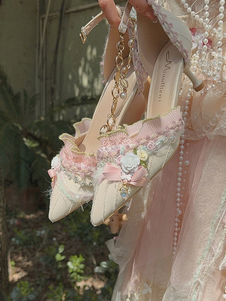 Light Pink Floral Design Pointed Toe Hime Lolita 5CM/7CM Heels