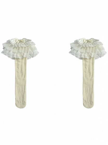 Beige Beaded And Wings Decorated Bowknot Lace Trim Lolita Calf Socks