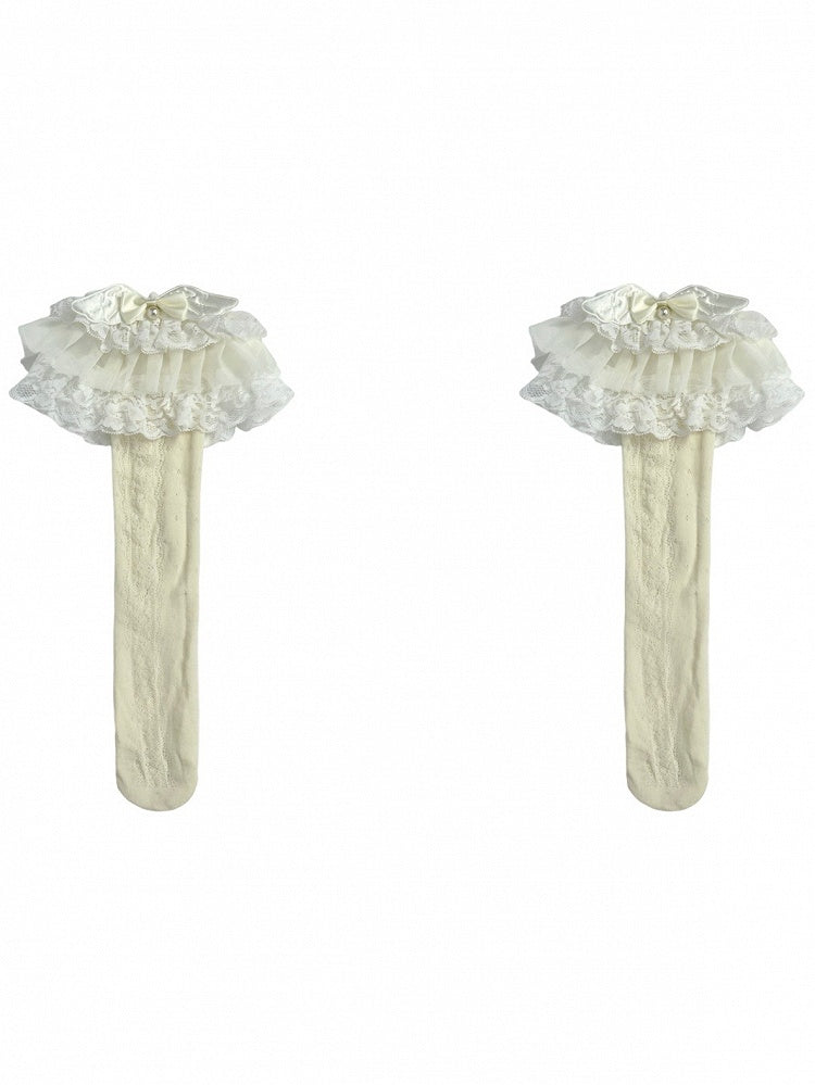 Beige Beaded And Wings Decorated Bowknot Lace Trim Lolita Calf Socks
