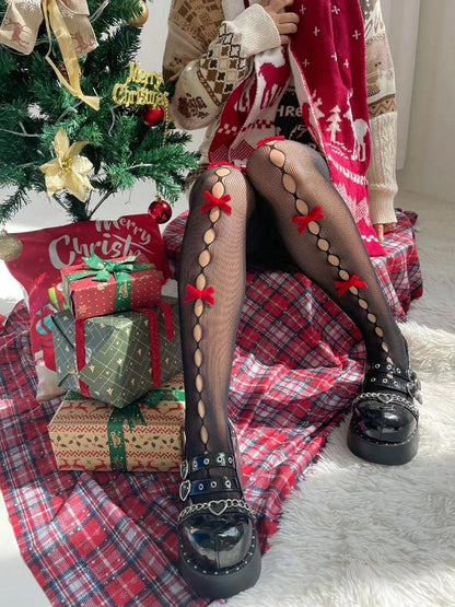 Black/White and Red Bowknots Cutout Tights