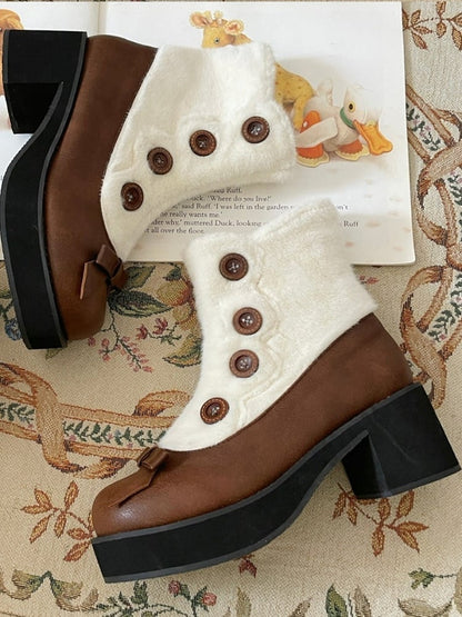 Brown & White Elegant Lolita 4cm/6cm Mid-heel Winter Boots - Plush Lining with Button Accents, Bow Details & Inner Zipper