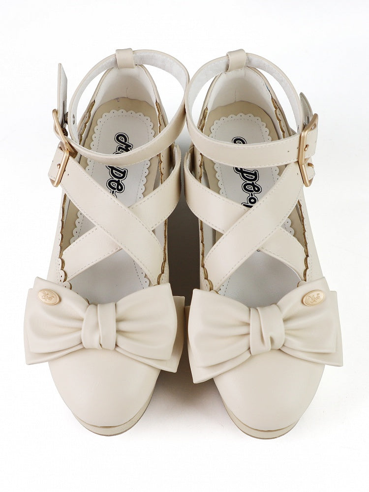 Platform Off-white Lolita Shoes - Crisscross Design & Top Bow