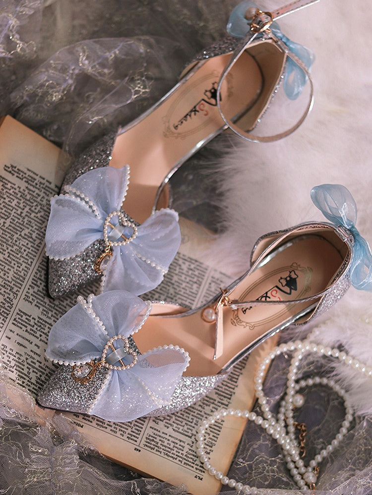 Silver & Light Blue Beaded Bowknot Accents Pointed Toe Hime Lolita Middle Heels