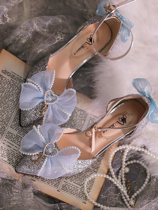 Silver & Light Blue Beaded Bowknot Accents Pointed Toe Hime Lolita Middle Heels